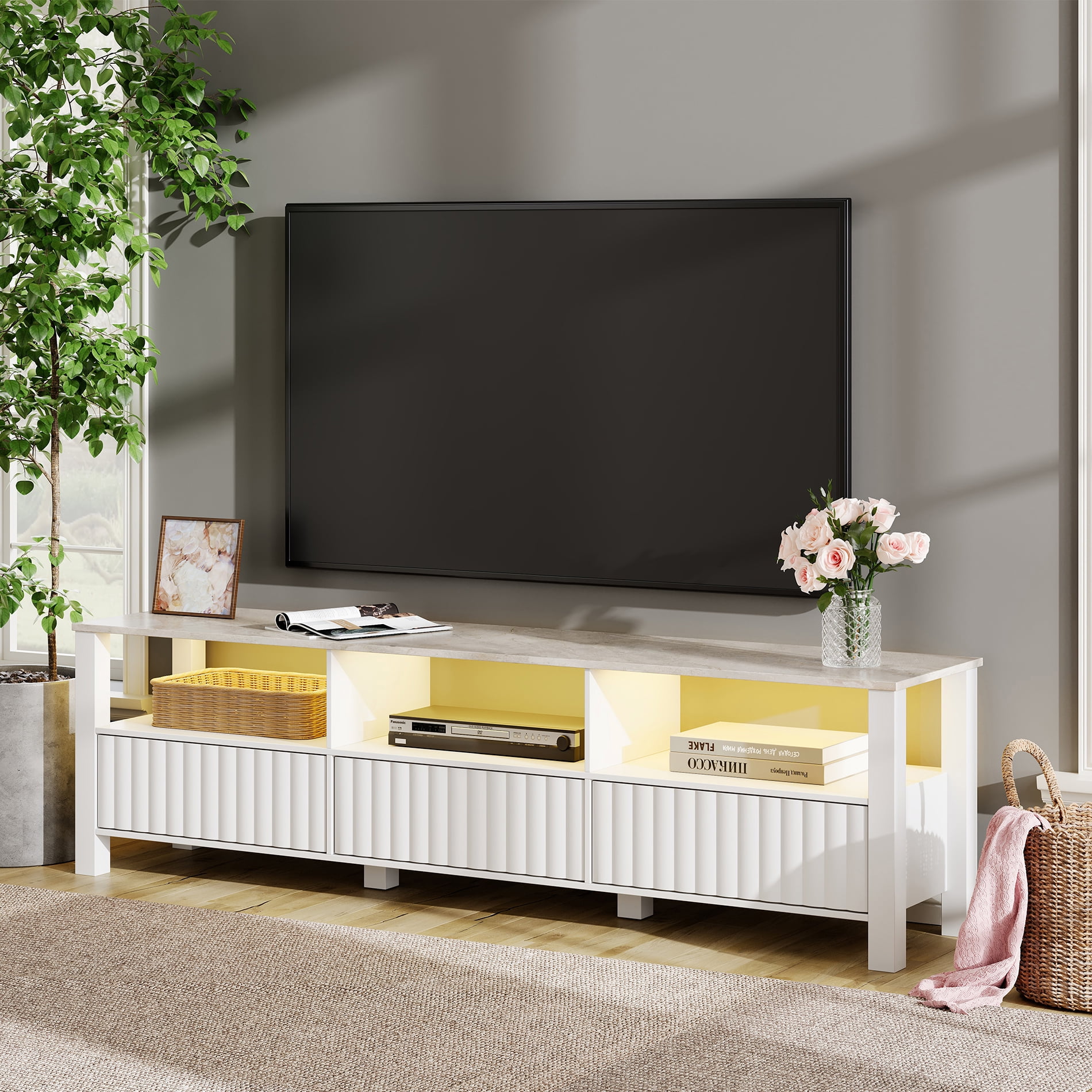LED TV Stand for 75 Inch TV, White Modern Entertainment Center with Faux Marble Tabletop, Wood Media Console Table with 6 Storage Cabinet for Living Room Bedroom, 70 Inch