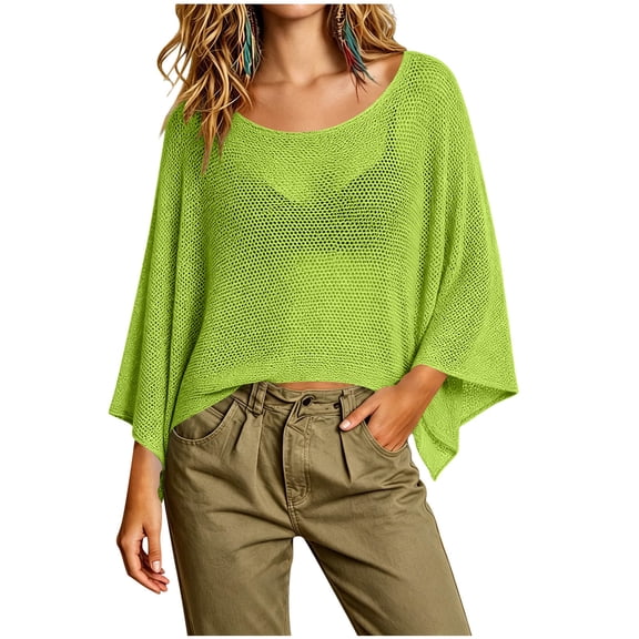Lutiedan Womens Crochet Cover Ups Batwing Sleeve Sweater Crop Tops Lightweight Summer Boho Knit Sheer Poncho Top