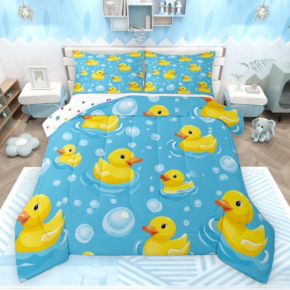 jejeloiu Cartoon Rubber Duck Bedding Comforter Set,Kawaii Ducks Twin Comforter Sets,Cute Animal Bedding Set For Girls Boys,Microfiber Bedroom Decor Reversible,2pcs