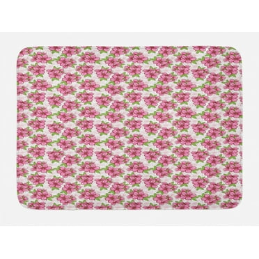 Almond Blossom Bath Mat, Cherry Blossom Pattern with Foliage Leaves Oriental Flowers, Plush Bathroom Decor Mat with Non Slip Backing, 29.5" X 17.5", Pink Green and White, by Ambesonne