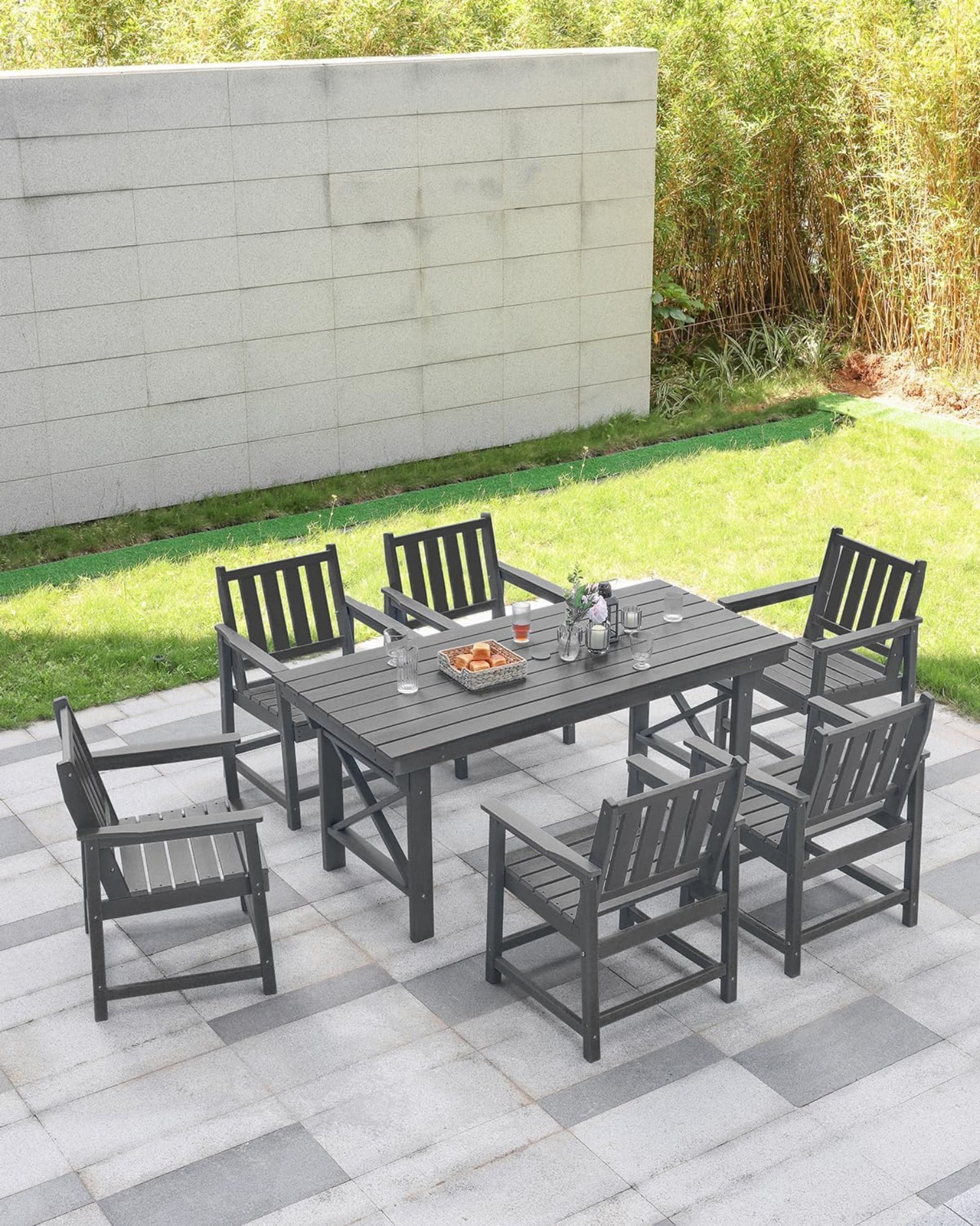 HDPE Outdoor Dining Table for 6, 66.9" Rectangular Patio Dining Table with 2.2" Umbrella Hole, All-Weather Outdoor Table for Backyard, Deck, Garden, Poolside, Smoke Gray