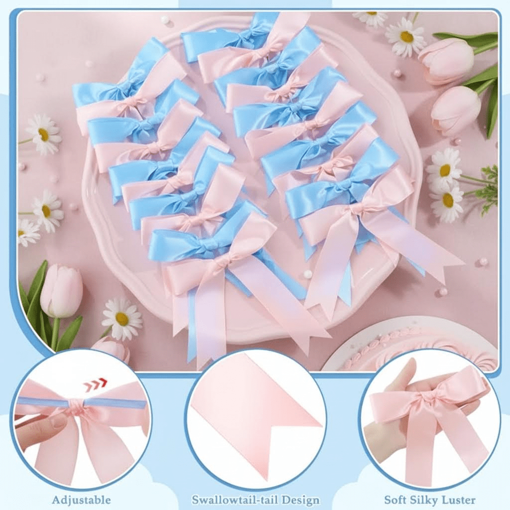 2 Pack Pink and Blue Satin Ribbon Garland Banner for Gender Reveal Parties, Baby Showers, Weddings and Birthday Celebrations with Pre-Strung Bows and Decorative Accents