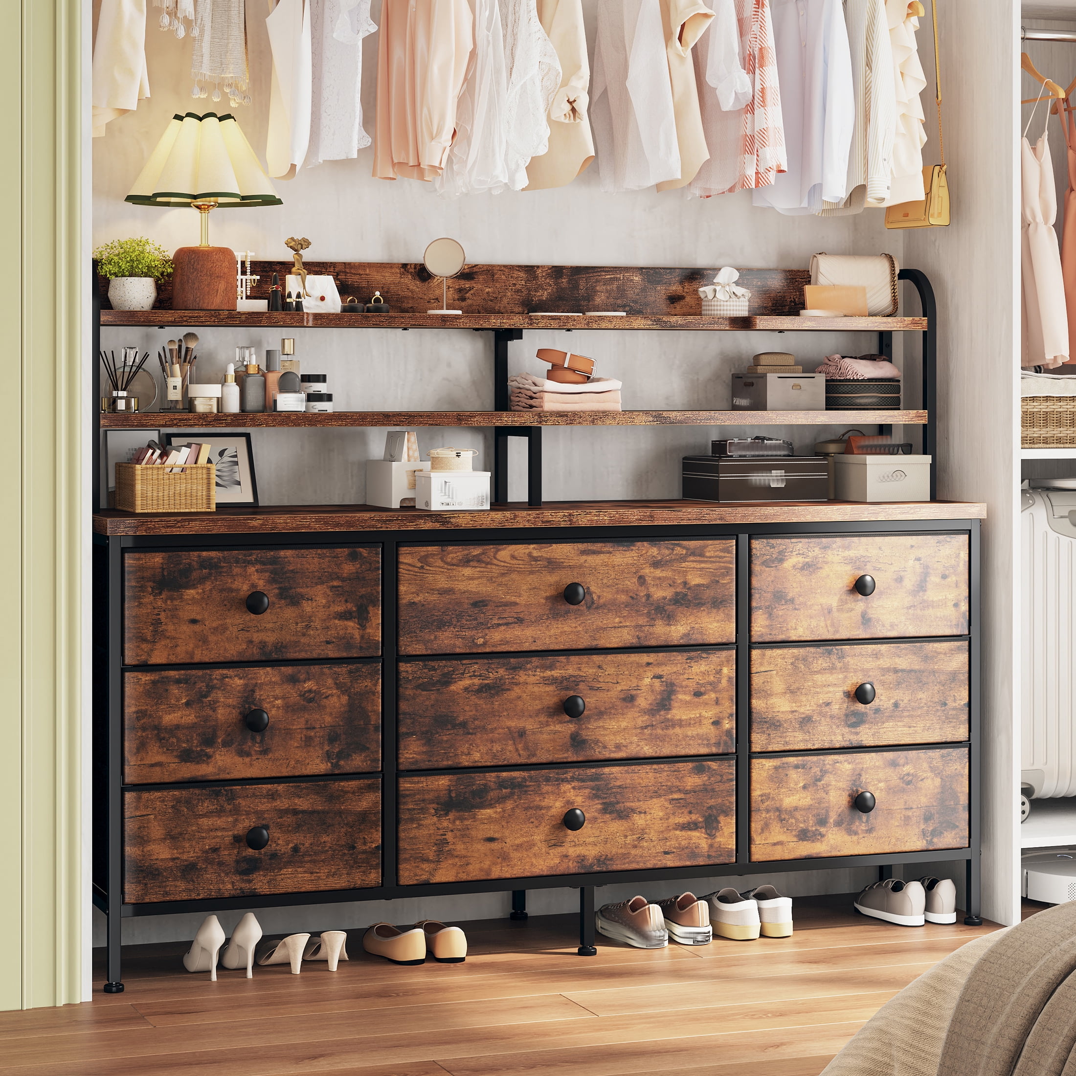 Dresser for Bedroom Long Dresser with 13 Fabric Drawers and Shelves for Closet with LED Light, Rustic Brown