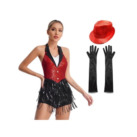 Loodgao Womens Jazz Latin Dance Outfit Halter Sequins Fringe Jumpsuit Tassel Leotard with Gloves Hat Red XL