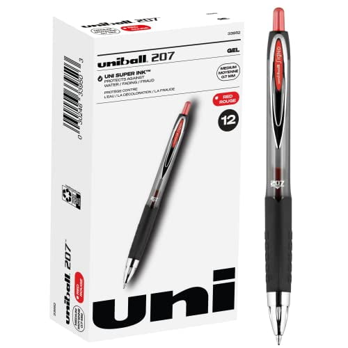 uni-ball® 207™ Retractable Fraud Prevention Gel Pens, Medium Point, 0.7 mm, Black Barrels, Red Ink, Pack Of 12
