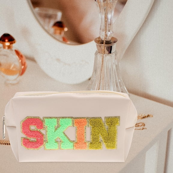 LOLIPPYY Large Makeup Bags Embroidered Makeup Organizer Beige Pu Waterproof for Female Friends 1Set
