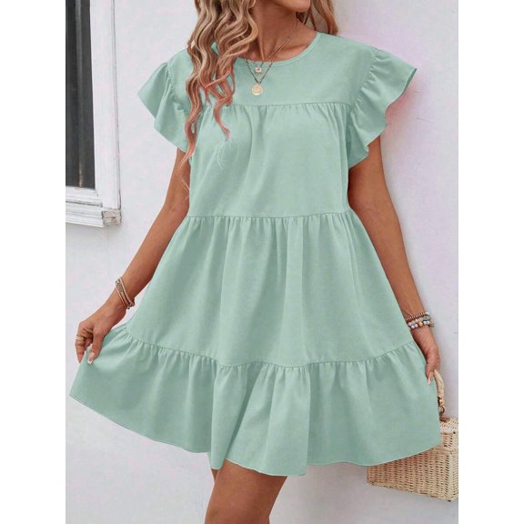 Mint Green Solid Ruffle Hem Smock Dress With Flutter Sleeves For Casual Holiday Wear