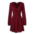 thumbnail image 5 of Furvclv Women Long Puff Sleeve Mini Dress Deep V Neck Solid A-Line Party Casual Dress, 5 of 9