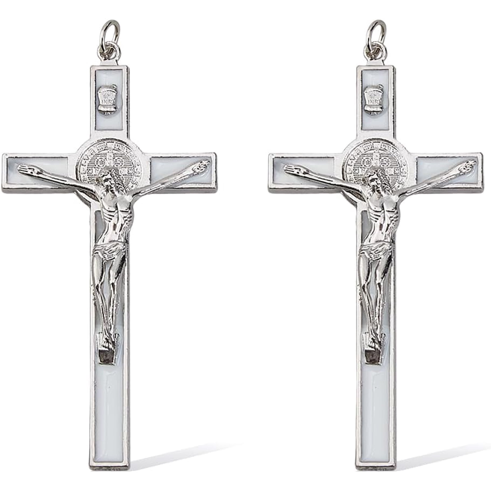 2Pcs 10.6x5.35cm Small Alloy Wall White Enamel Crucifix Saint Benedict Wall Crosses Jesus Christ Crucifix Catholic Christian Decor Easter Gifts