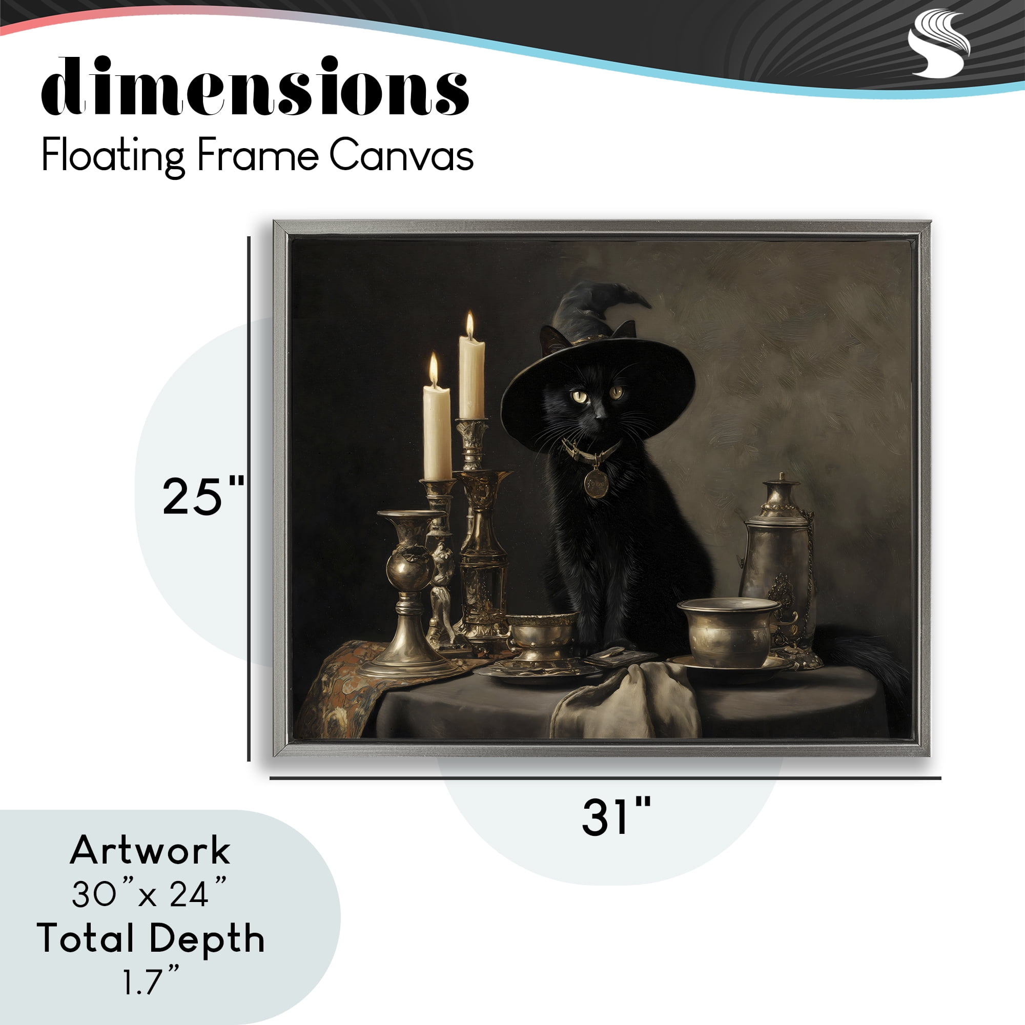 Vintage Witchy Black Cat Gray Framed Floater Canvas Wall Art, design by Arlington Prints