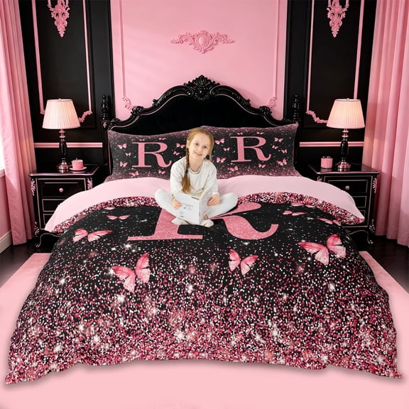 jejeloiu Butterfly Glitter Initial R Print Duvet Cover Set For Girls,Pink Monogrammed Theme Bedding Full For Kids,Pink Reversible,3pcs(No Comforter)
