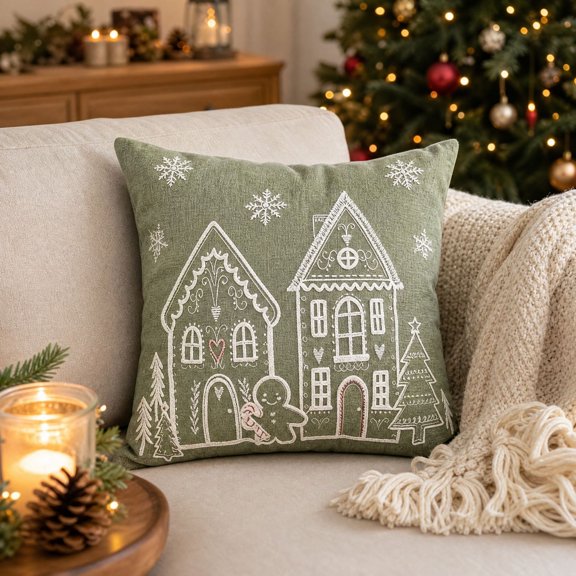 Christmas Embroidered Throw Pillow Covers, Chenille Gingerbread House Snowflake Cushion Cases, Xmas Sofa Couch Living Room Home Decor