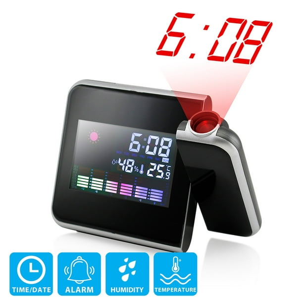 Projection Digital Weather Black LED Alarm Clock Snooze Color Display w/ LED Backlight