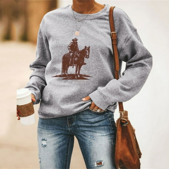 Jsaierl Womens Crewneck Sweatshirts Western Vintage Graphic Sweatshirt Top Long Sleeve Comfy Fall Pullover Oversized Sweatshirts