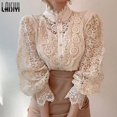 thumbnail image 2 of ZHAOCHENG Camisas de mujer, blusa vintage de encaje blanco liso, blusa holgada con botones coreanos para mujer, blusas casuales de primavera huecas para mujer, blusas blancas M, 2 of 5