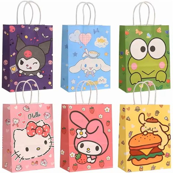 12 Pcs Kitty Party Gift Bags Party Supplies/Cartoon Candy Bags, Tote Bags, Gift Bags for Kids Paper Favor Packs Adults Birthday Party Decora- 6Pattern