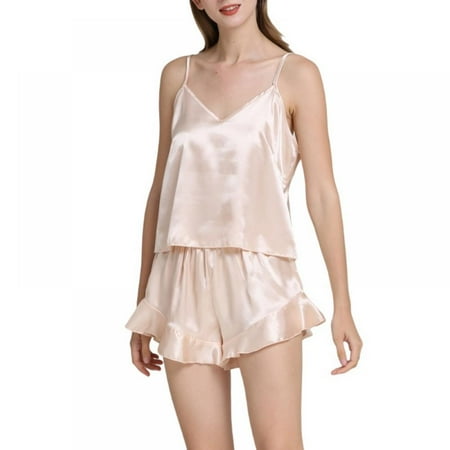 

Final Clearance! Women s Sleepwear Sexy Satin Pajama Set Solid Color V-Neck Pyjamas Sleeveless Cami Top and Shorts Suit Khaki XL