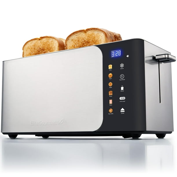 Elite Gourmet ECT5924D SmartToast - tostador digital de ranura larga de 4 rebanadas, ranuras de 1.5 pulgadas de ancho para panes gruesos y función de bagel, visualización táctil LED, temporizador de