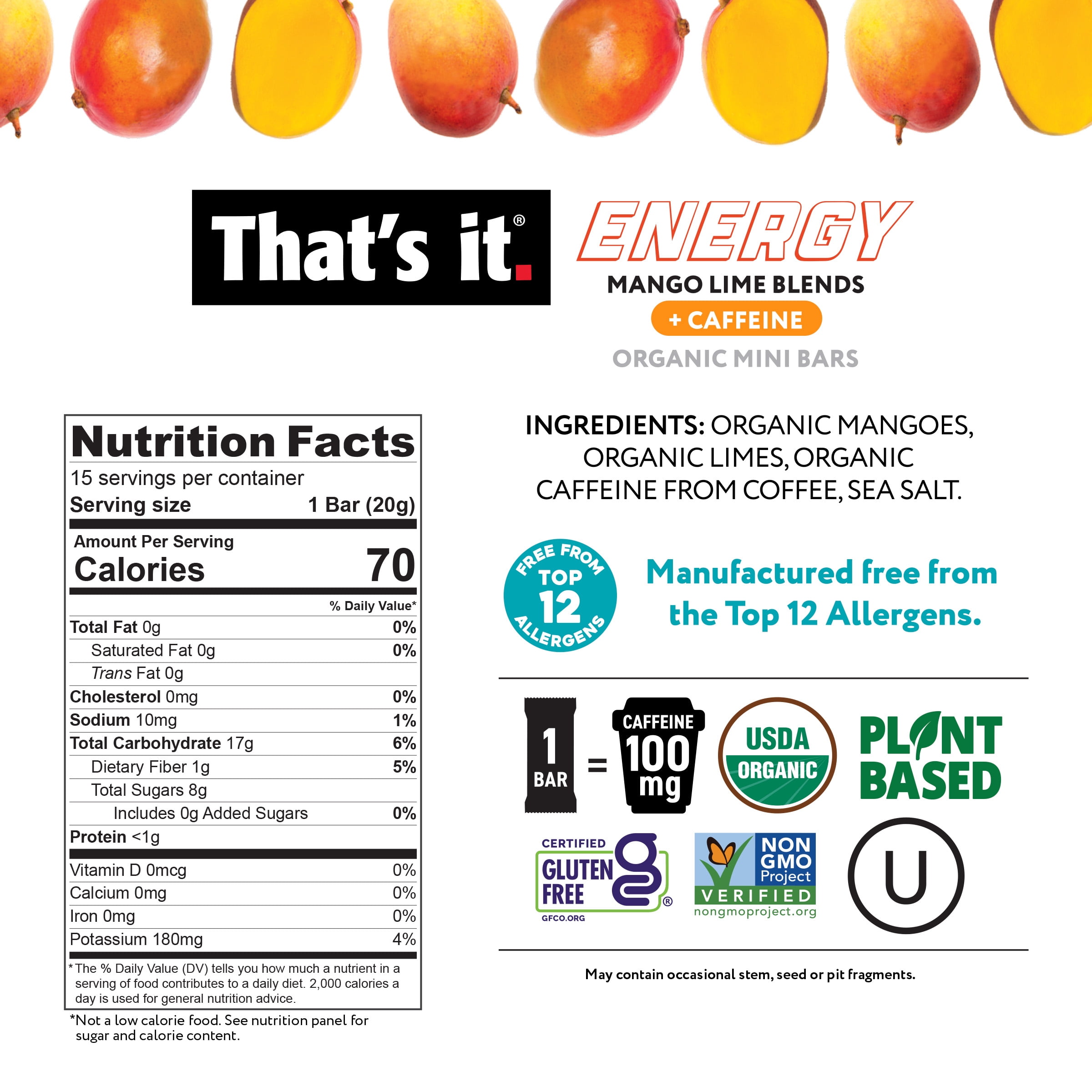 That's it. Gluten-Free Soft & Chewy Ready-to-Eat Mango Lime Blends Energy Fruit Bars, .7oz, 6 Count Shelf Stable Box