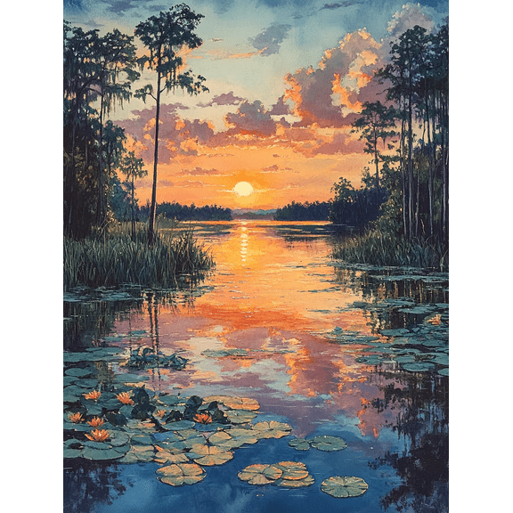 Sunset Swamp Lily Pads Canvas Wall Art, Perfect for Living Room,Office, and Dining Room Decoration.