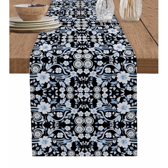 ERUNPONLY Black Blue Floral Table Runner - 108 Inch Long Vintage Pastoral Botanical Leaves Cotton and Linen Blended Dress Scarves Farmhouse Table Runner for Kitchen Dining, Coffee Table, 13"x108"