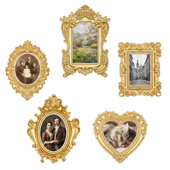 Threns Mini Gold Magnetic Picture Frames for Refrigerator, 5 Small Vintage Photo Frames with Soft Magnet Backing, Victorian Style Decor for Kitchen Office Home