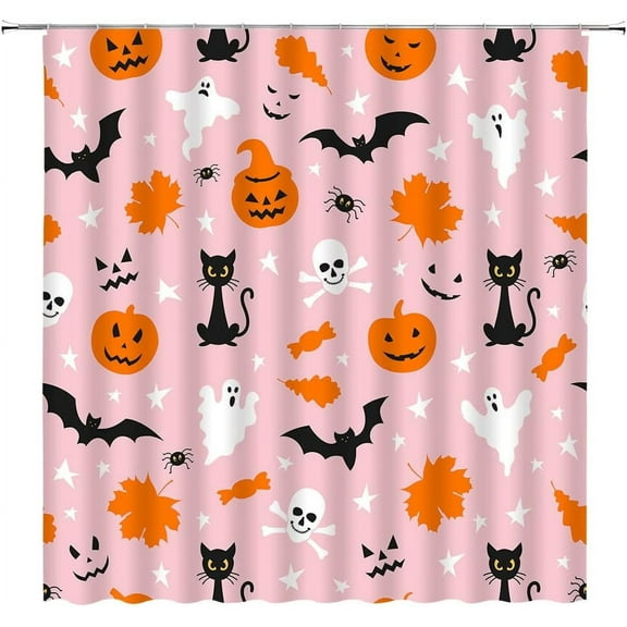 Happy Halloween Shower Curtain Pink Cute Ghost Pumpkin Spooky Spider Black Cat Cartoon Halloween Holiday Party Horror Night Decor Fabric Bath Curtain