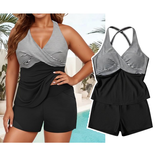 Plus Size Tankini Swimsuits for Women Adjustable Strap V Neck Tankini Tops with Swim Shorts Two Piece Bathing Suits