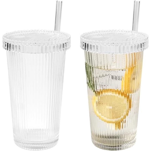 pcs. Tumblers with lids and straws 380ML Glass Tumblers with lids and straws Reusable glass mugs, Travel mugs (Transparent)
