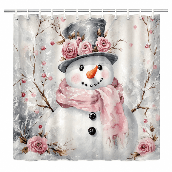 Pink Christmas Snowman Shower Curtain Watercolor Flower Winter Forest Rustic Holiday Art Bathroom Shower Curtain Home Decor Polyester Waterproof Fabric with 12 Pack Plastic Hook 72" X 72"