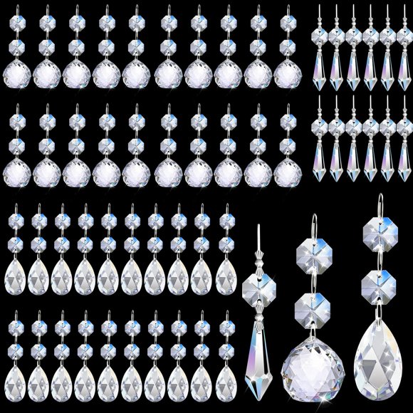 Worldity 60 Pack Chandelier Crystals Replacement, 40mm 20mm 13mm Prism Crystal Ball, Crystal Prisms for Chandeliers, Clear Crystals for Sun