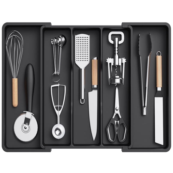 Lifewit Utensil Organizer for Kitchen Drawers, Expandable Cooking Utensil Tray, Adjustable Cutlery Silverware Flatware Holder, Plastic Kitchen Spatula Tools and Gadgets Storage Divider, Large, Black