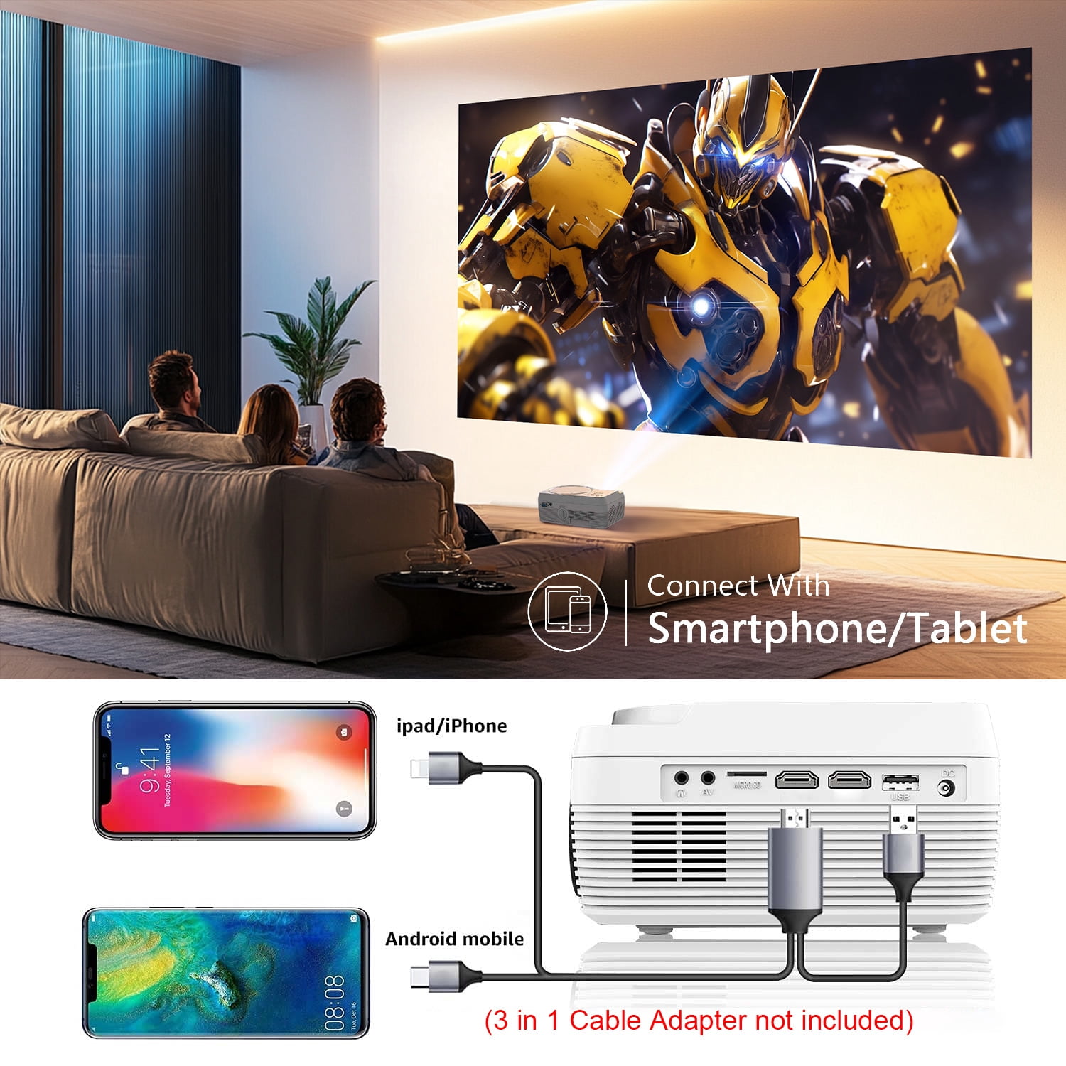 WiFi Bluetooth Video Projector, Full HD 1080P Outdoor Movie Projector, Portable Projector Compatible With HDMI/ USB/ AV/ Smartphone/ TV Stick/ Laptop (Projector Screen and Tripod Included)