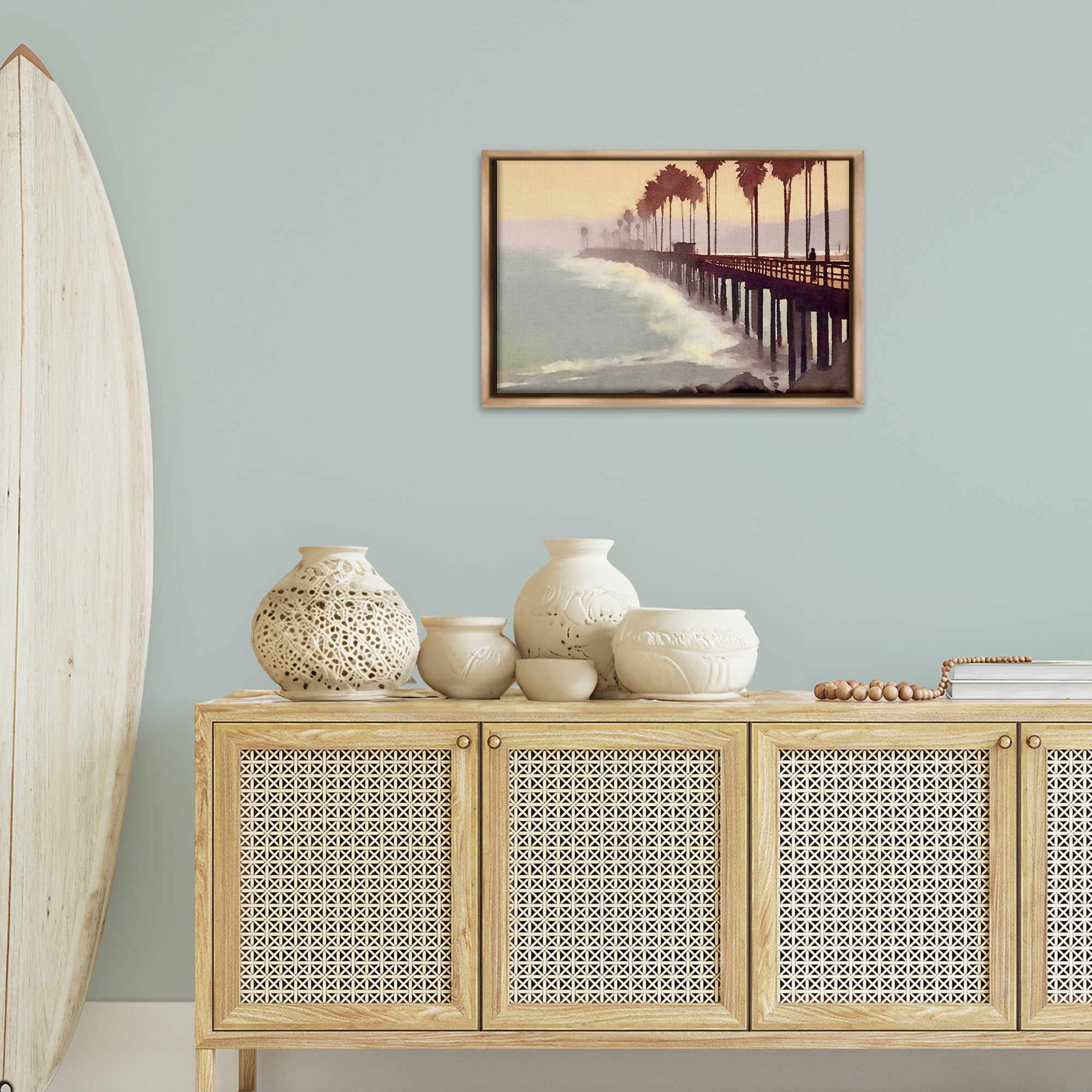 Stupell Industries Sunrise At The Pier Nautical & Beach Painting Brown Floater Framed Canvas Art Print Wall Art, 25 x 17