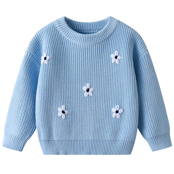 Bobifish Little Girls Light Blue Crew Neck Sweater White Floral Applique Long Sleeve Sweaters Knitted Soft Casual Daily Wear Kids Cute Pullover