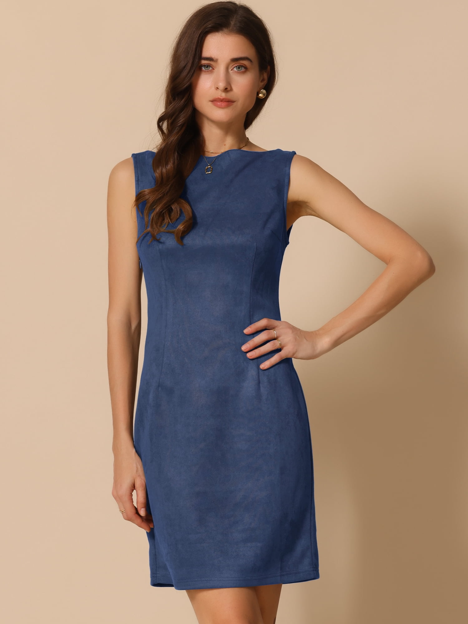 DARING DIVA Faux Suede Boat Neck Sleeveless Sheath Dress Medium Dark Blue