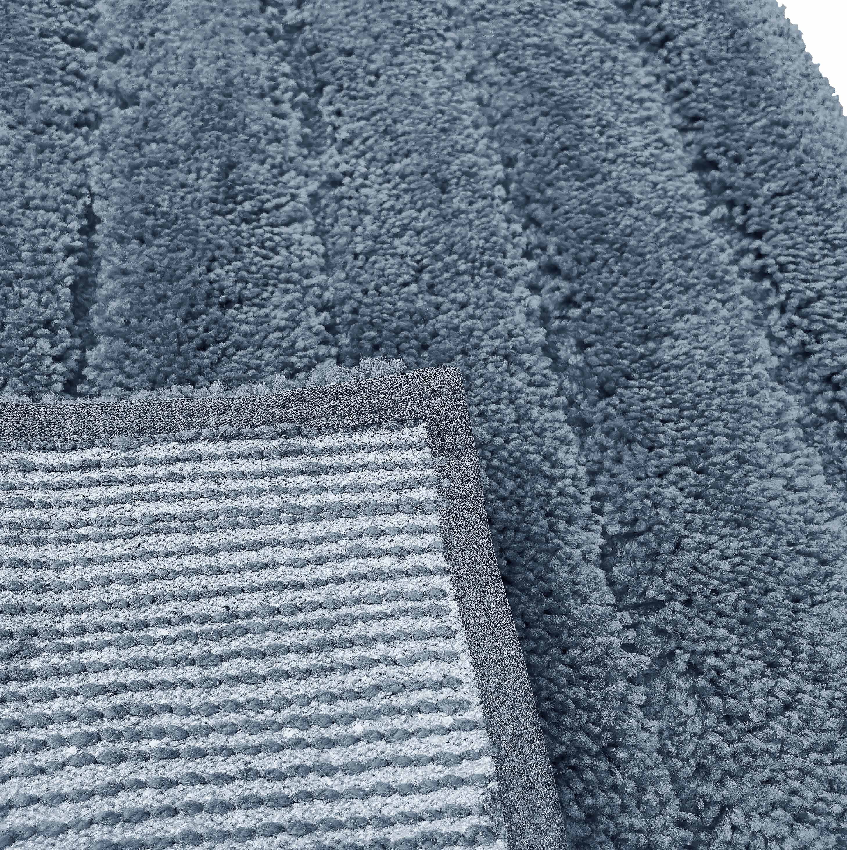 Denim Blue 2 Piece Bath Mat Set -Solid Striped Bathroom Mat Soft Plush Thick
