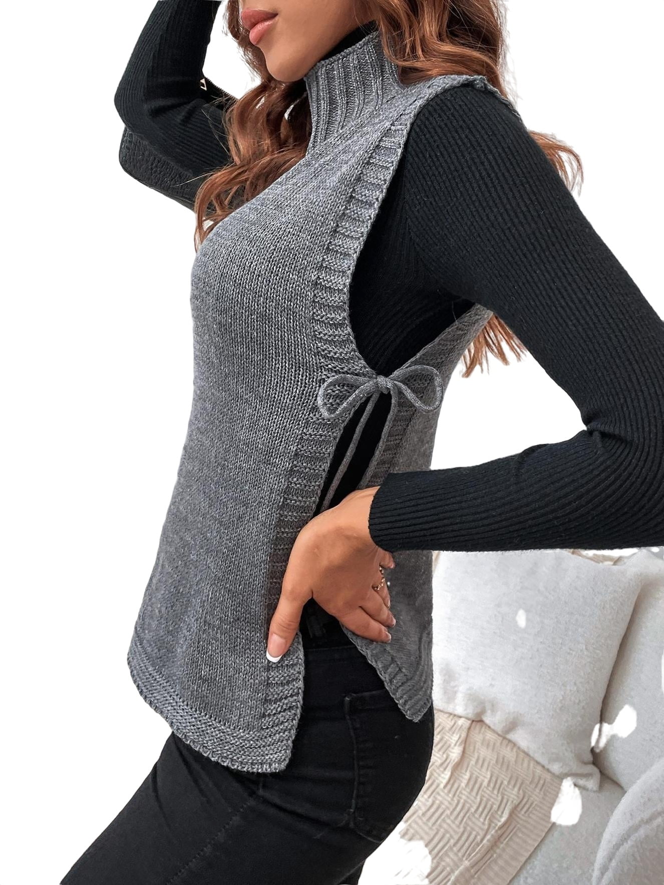 Women Sweater Vests Casual Regular Plain High Neck Grey S - Walmart.com