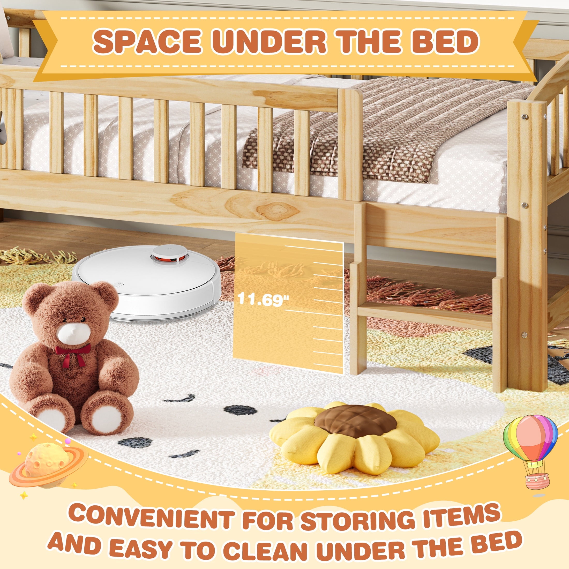 PORKISS Twin Size Platform Bed, Solid Wood Toddler Bed with Fence Guardrail Ladder, Twin Size Bed Frame for Kids Boys Girls, Montessori Bed, No Box Spring Needed, Natural A