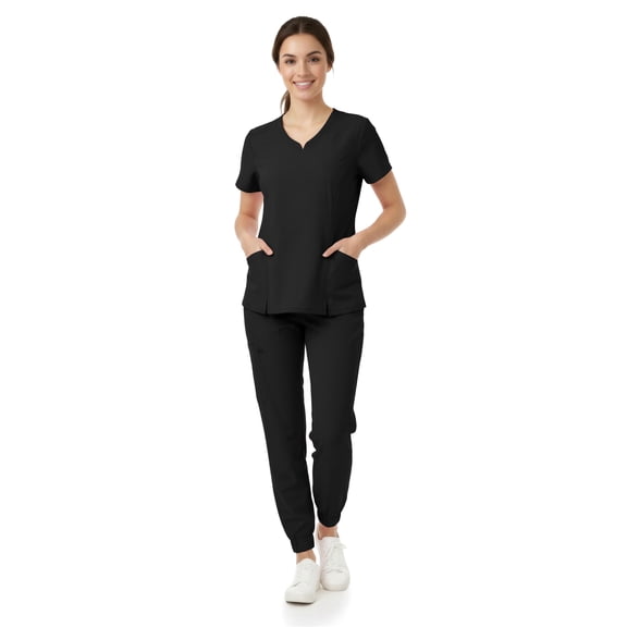 MediChic Women’s Premium Medical Uniform Set – V-Neck Scrub Top & Jogger Pants, Soft Stretch Fabric, 4-Way Stretch, Lightweight Nursing Scrubs with 6 Pockets, Black Medium
