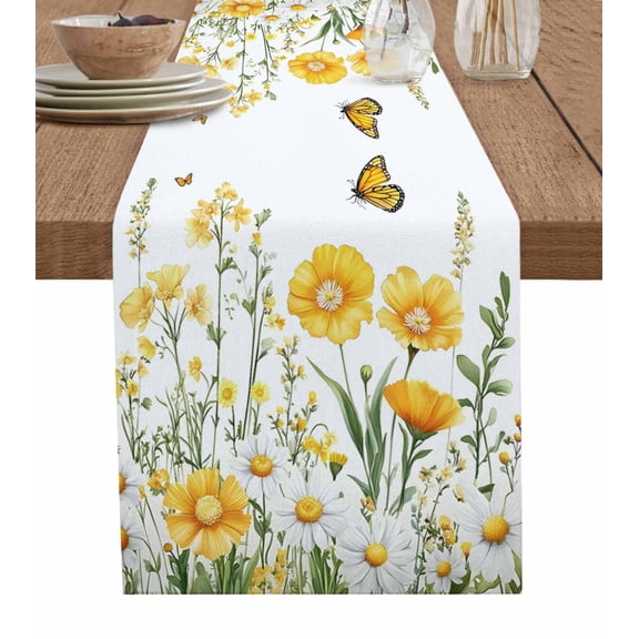 Ldtrchee Yellow Spring Floral Table Runner 36 Inches, Pastoral Daisy Botanical Summer Bed Runner Dresser Scarves Tabletop for Indoor Outdoor Parties/Ceremony/Banquet, 13"x 36"
