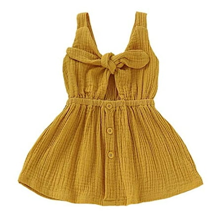 

StylesILove Baby Girls Sleeveless Front Tie Bowknot Gauze Cotton Dress Toddler Girl Solid Sundress Summer Outfit (18-24 Months Mustard Yellow)