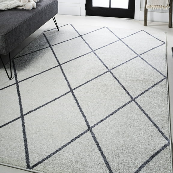 JONATHAN Y SUPERSOFT 4 x 6 Area Rug, Cole Minimalist Diamond Trellis - White/Gray, SEU102K-4