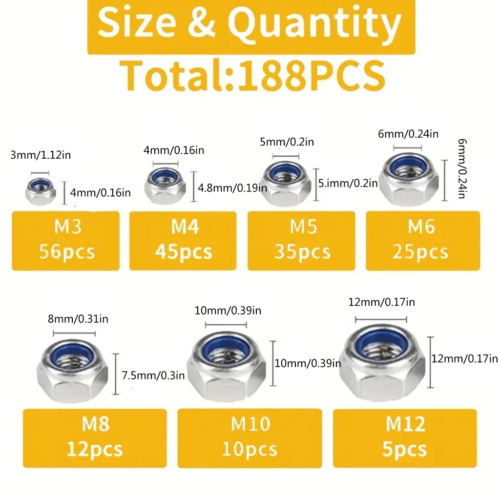 Upgrades Steel 3MM to 12MM Hex Nut Collection 188pcs Corrosion Resistant Hardware
