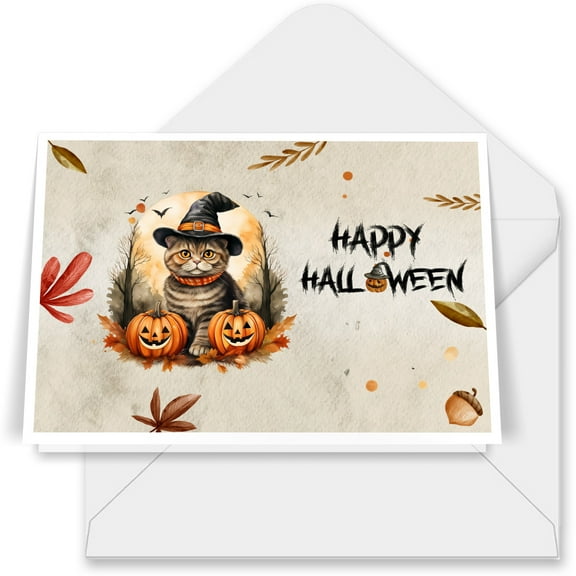 Happy Halloween Scottish Fold Witches Hat Pumpkin Carving 7x5in Folded Greeting Card Cat Lover Kitten Owner Gifts Single Note Card with Envelope - 02019