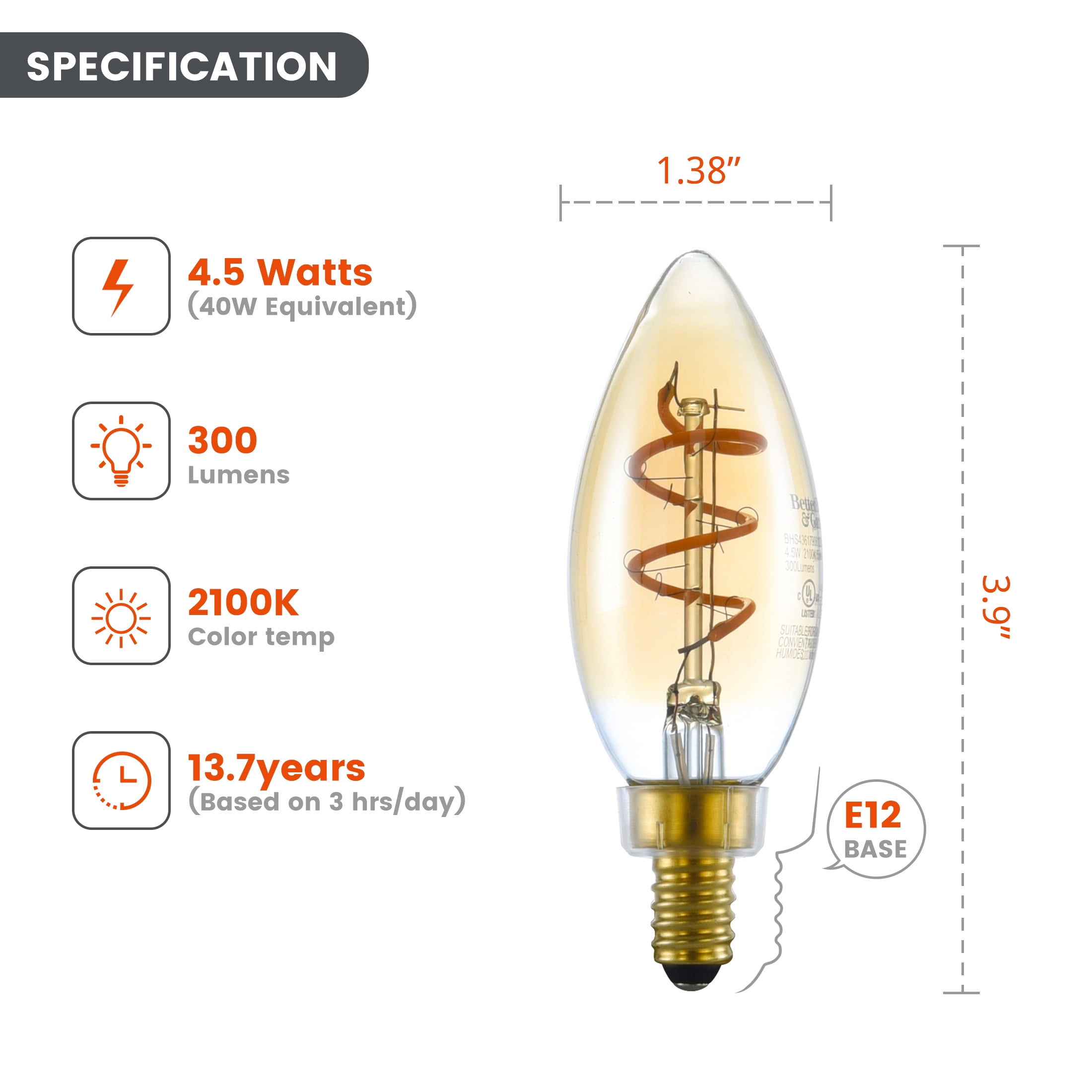 (2 pack) Better Homes & Gardens LED B10 Candle Bulb, 4.5W (40W Equivalent), Dimmable, 2100K Ultra Warm White, 4 Pack