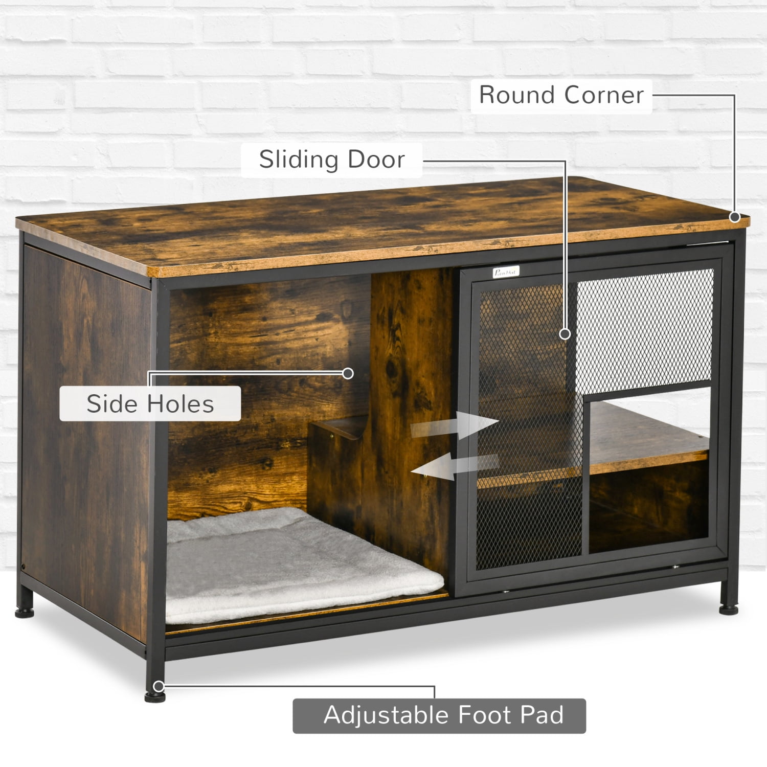 Furniture Style Cat Condo & Dog Cage, End Table Pet House with Cushion & Sliding Doors, Rustic Brown