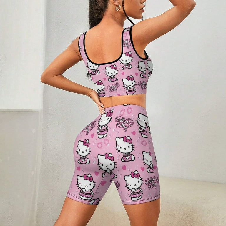 Hello Kitty Workout Outfits Sets for Women 2 Piece Crop Tank High Waist Shorts Yoga Outfits