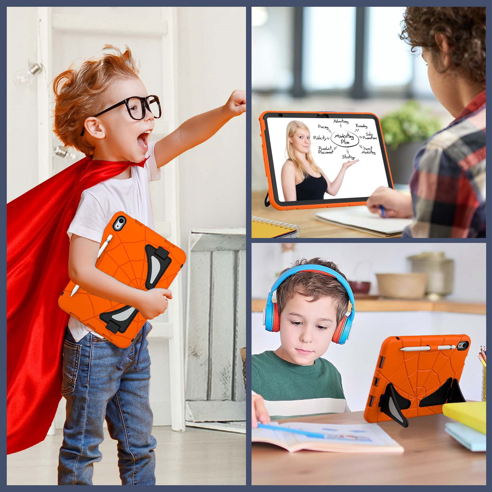Dteck iPad 10th Generation Case iPad 10.9 Case 2022 New iPad 10th Gen Case for Kids 10.9 Inch Shockproof Protective Cover with Pencil Holder & Shoulder Strap & Kickstand for Kids ChildreOrange + Black