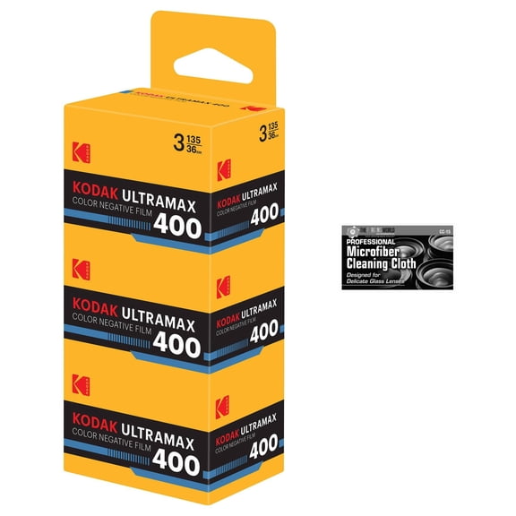 Kodak Eastman UltraMax 400 Color Negative Film 35mm Roll Film, 36 Exposures - 3-Pack with Microfiber Cleaning Cloth